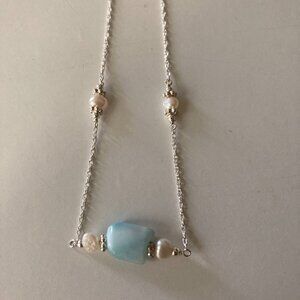 Sterling Silver Larimar and Pearl Choker Necklace